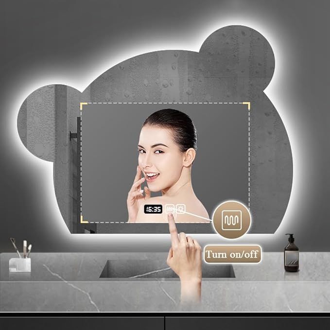 LTSRLL LED Vanity Mirror Cute Bear Decorative Mirror for Bathroom & Dressing Tabler Backlight Wall Mirror with 3 Color Dimmable Light Demister Pad Human Body Sensor Switch(Cut Left,60cmx75cm)
