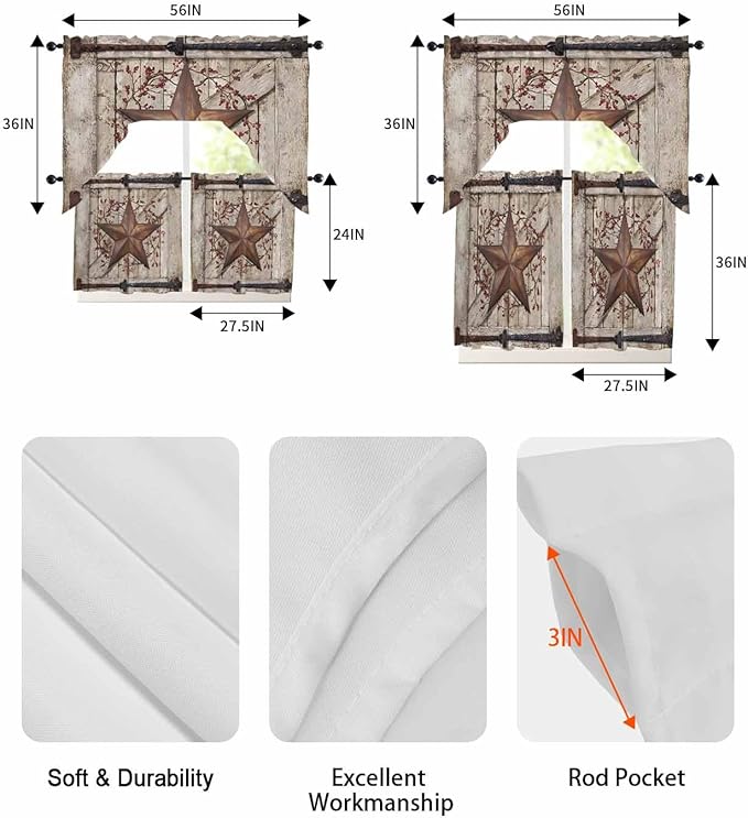 Country Star Swag Kitchen Curtains Valance and Tier Set, VintageRust Yellow Star Berry Beige Barn Gate Light-Filtering Swag Valance 36 Inch Length, Rod Pocket Short Curtain for Bedroom Cafe