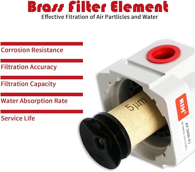 RIH 3/8" NPT Air Dryer for Compressor, Air compressor water separator,air compressor filter,AF3000-03 Manual Drain,5 Micron Brass Element, Poly Bowl 0-150 psi 5μm.