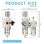3/8" NPT Air Compressor Water Separator Regulator Filter Combo Compressed Air Filter Dryer Pressure Regulator with Gauge(0-150 psi) Poly Bowl Semi-Auto Drain Bracket - 3 in 1 Two Unit
