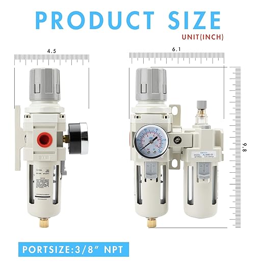3/8" NPT Air Compressor Water Separator Regulator Filter Combo Compressed Air Filter Dryer Pressure Regulator with Gauge(0-150 psi) Poly Bowl Semi-Auto Drain Bracket - 3 in 1 Two Unit