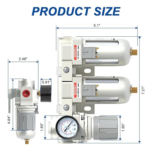 AIRZOE 3/8" NPT Air Dryer for Compressor-Air Compressor Water Separator AC3110-03,Double Air Compressor Filter,Air Pressure Regulator Combo,5 Micron Brass Element,Semi-Auto Drain,0-145 psi Gauge
