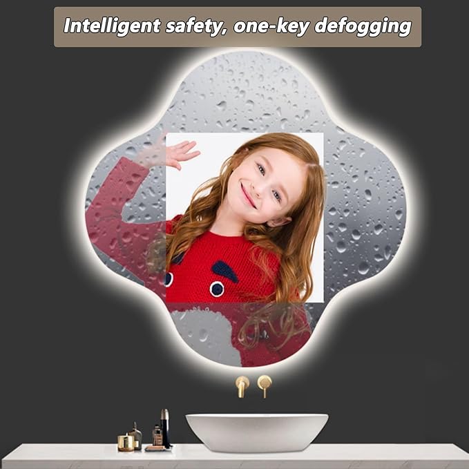 Irregular Bathroom Mirror with LED Light, Wall Mounted Mirror with Demister Pad, 3-Color Dimmable LED Light, for Wall, Living Room, Bedroom, Vanity, Entryway(70cm/27.6in)