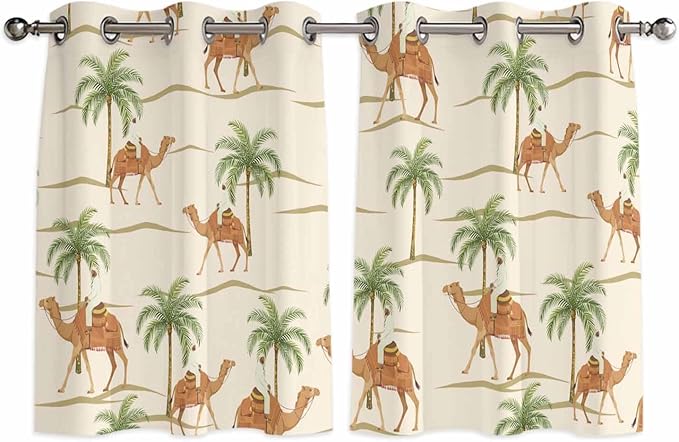 2 Panel Kitchen Cafe Curtains, Date Coconut Tree Sunlight Filtering Nature Air Through, Home Decor Window Covering Tier Curtains for Living Room 104W x 52L inch Desert Camels Botanical Tropical Beige