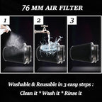 Clamp-On Cold Air Intake Filter, High Performance, Washable Filter, Replacement Air Filter, Flange Diameter 3inch/76mm Black