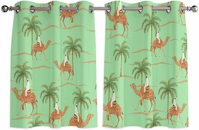 2 Panel Kitchen Cafe Curtains, Desert Camels Sunlight Filtering Nature Air Through, Home Decor Window Covering Tier Curtains for Bedroom Living Room Tropical Date Palm Trees Animal Green