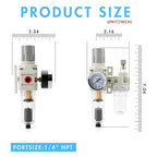 1/4" NPT Air Compressor Water Separator Regulator Filter Combo Compressed Air Filter Dryer Pressure Regulator with Gauge(0-150 psi) Poly Bowl Auto Drain Bracket - 3 in 1 Two Unit