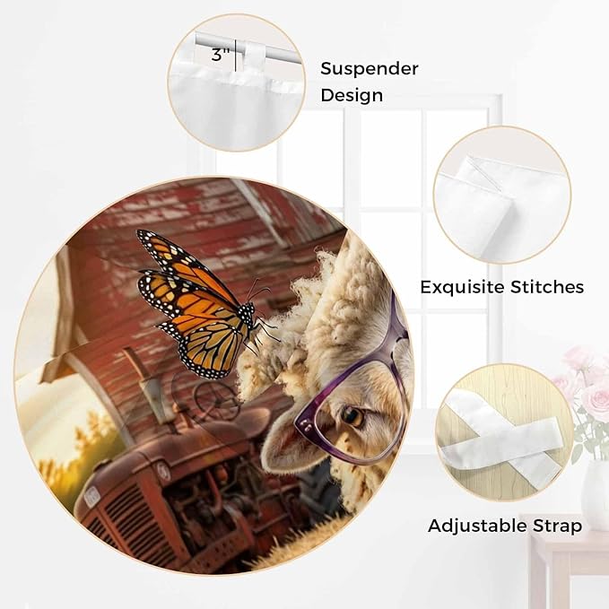 Farm Sheep Bedroom Curtains 63 Inch Length, Window Curtains Tab Top, Farmhouse Barn Funny Animals Butterfly Light Filtering Window Treatments Drapes 42"x63" 2 Panel
