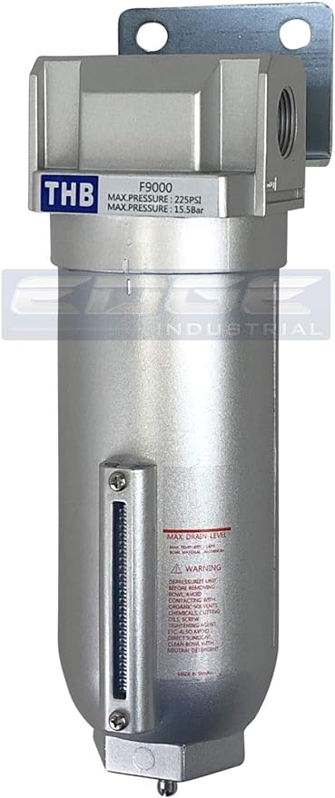 HEAVY DUTY INDUSTRIAL RATED HIGH FLOW PARTICULATE FILTER, IN-LINE WATER TRAP FOR COMPRESSED AIR LINE SYSTEMS, 5 MICRON WITH METAL BOWL (3/4" NPT, 11oz)