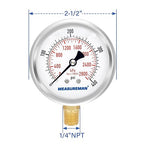 MEASUREMAN 2-1/2" Dial Size, Glycerin Filled Pressure Gauge, 0-400psi/2800kpa, 304 Stainless Steel Case, 1/4" NPT Lower Mount