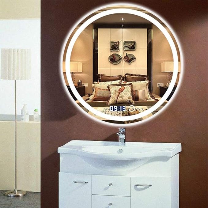Round Waterproof LED Bathroom Wall Makeup Mirrors with White Light Sensor Touch Control and Demister Pad (Color : with Frame Size : 70cm) (Without Frame 70cm)