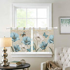 Spring Flowers Kitchen Curtains 24 Inch Length, Small Window Curtains Tab Top, Vintage Rustic Tulips Floral Butterfly Khaki Light Filtering Short Window Treatments Tier Drapes 27.5"x24" 2 Panel