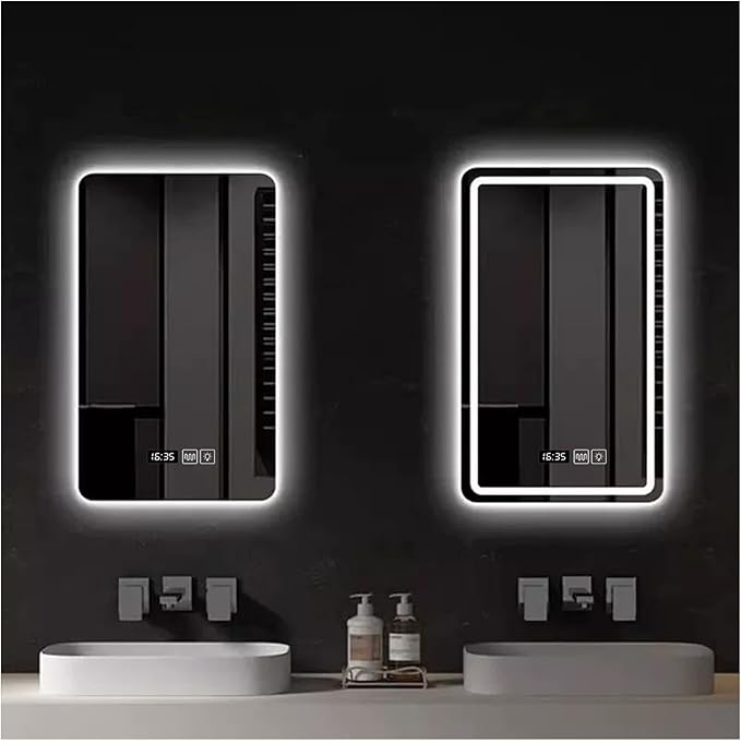 Bathroom Mirror with LED Lights, Backlit Illuminated Bathroom Mirror Wall Mounted Multifunction Vanity Mirror with 3 LED Light Color Dimmable and Demister Pad,(A,H70*W90CM/H27.5*W35.4IN)
