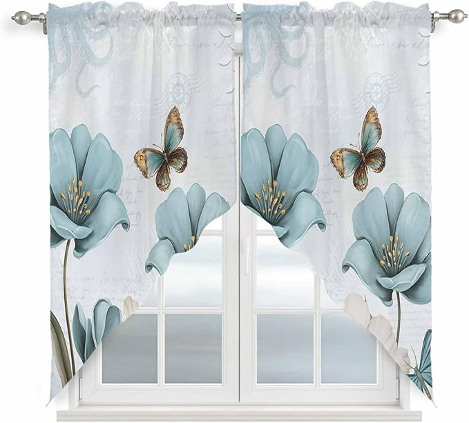 Blue Tulips Swag Valances for Windows, Watercolor Flowers Butterfly Spring Farmhouse Blue Rod Pocket Kitchen Curtains Valance, Kitchen Window Curtains Swag for Cafe Living Room, 2 Panels, 36x45 inch