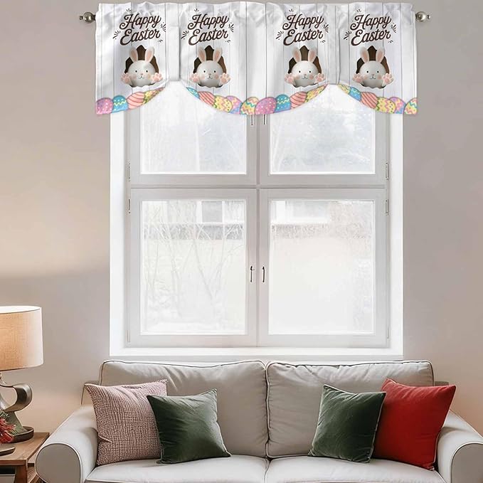 Grey Easter Tie Up Valance Curtains for Windows, Kitchen Curtains Window Shades, Spring Cartoon Bunny Colorful Eggs Wood Grain Light Filtering Roman Curtain Valances for Bedroom/Bathroom/Cafe 42"x12"