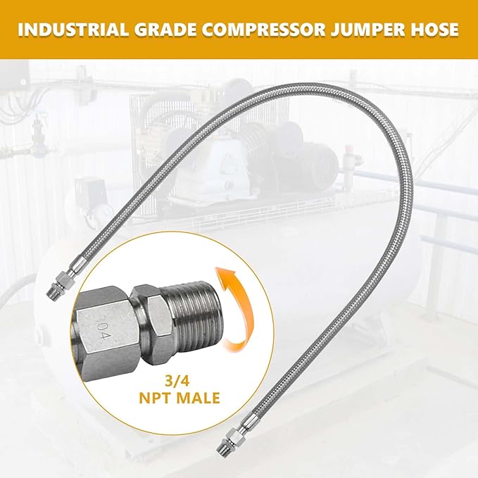 48 Inch 1/2 Inch Industrial Grade Compressor Jumper hose Kit,Air Hose for Compressed Air Piping System With Two 1/2" NPT Male parts (450 PSI &750°F),Flexible Stainless Steel Metal Hose ﻿