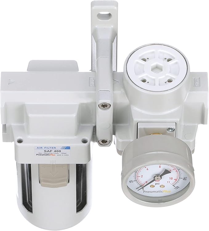PneumaticPlus SAU420-N04G Compressed Air Filter Regulator Combo 1/2" NPT - Poly Bowl, Manual Drain, Bracket, Gauge