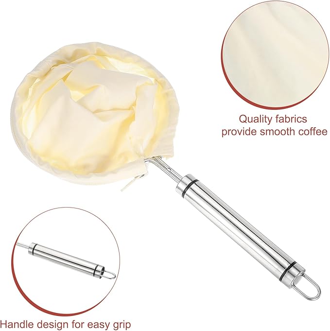 uxcell 1 Pcs Cloth Coffee Filter Bags, Coffee Sock Filter, Reusable Coffee Strainer with Stainless Steel Handle, Small, Yellow