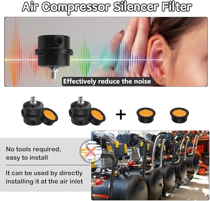 WMYCONGCONG 2 PCS 1/4" 12.5mm Air Compressor Silencer Filter Metal Air Compressor Intake Filter Noise Muffler Silencer (12.5mm) + 2 PCS Filter Element Replacement