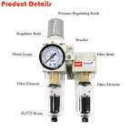 RIH Pneumatics 1/4'' NPT Auto Drain Compressed Air Double Filter & Regulator, Air Drying System, Air Compressor Water Separator, Poly Bowl,0-150 psi Gauge, 5 Micron Brass Element (1/4 NPT) AC2011-02D