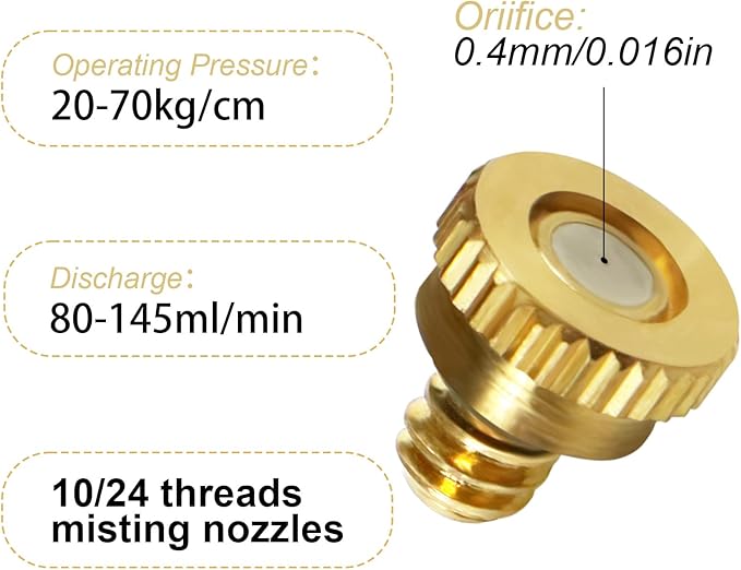 KUWAN 0.016" Orifice (0.4mm) Thread UNC 10/24 Brass Misting Nozzles Low Pressure Atomizing Misting Sprayer Water Hose Nozzle for Greenhouse, Landscaping, Outdoor Cooling Mister System (100PCS)