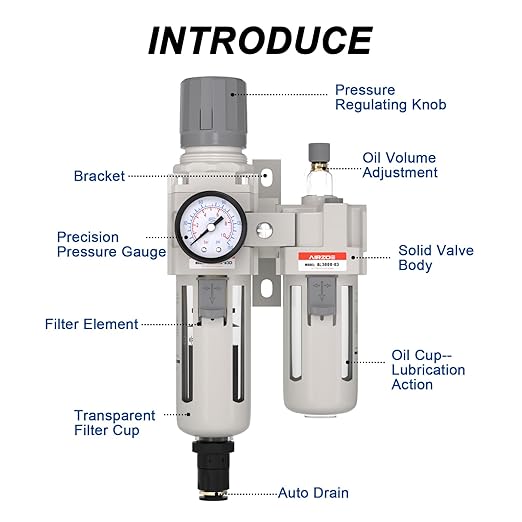 3/8" NPT Compressed Air Filter Regulator Lubricator Combo, Air Compressor Water Separator AC3010-03,5 Micron Brass Element Auto Drain,0-145 psi Gauge