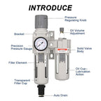 3/8" NPT Compressed Air Filter Regulator Lubricator Combo, Air Compressor Water Separator AC3010-03,5 Micron Brass Element Auto Drain,0-145 psi Gauge