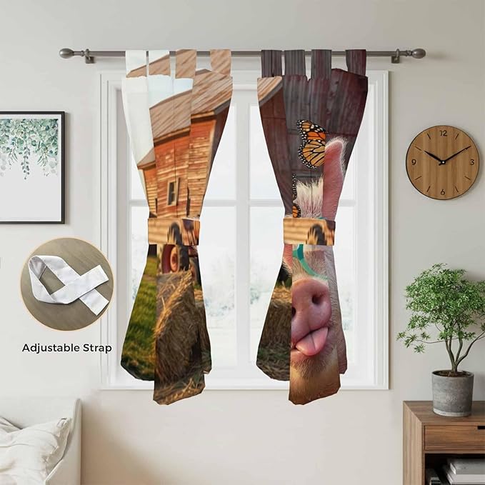 Farm Pig Living Room Curtains 84 Inch Length, Window Curtains Tab Top, Farmhouse Barn Funny Animals Butterfly Light Filtering Window Treatments Drapes 42"x84" 2 Panel