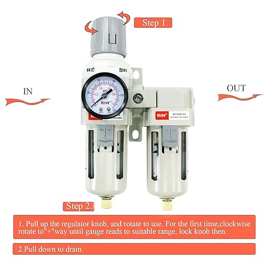 RIH Air Dryer System - 3/8”NPT Double Air Filters-5 Micron Particulate Filter& Air Pressure Regulator - Gauge(0-150 psi), Semi-Auto Drain, Poly Bowl,Bracket - 3 in 1 Two Unit
