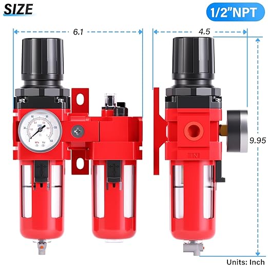 TAILONZ PNEUMATIC 1/2 Inch NPT Air Filter Pressure Regulator Water/Oil Trap Separator Combo(0-150PSI),Air Tool Compressor Filter with Gauge AC4010-04M(Manual Drainage)