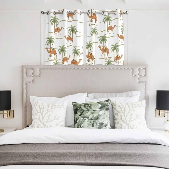 2 Panel Kitchen Cafe Curtains, Desert Camels Sunlight Filtering Nature Air Through, Home Decor Window Covering Tier Curtains for Bedroom Living Room 104W x 52L inch Tropical Date Palm Trees Animal