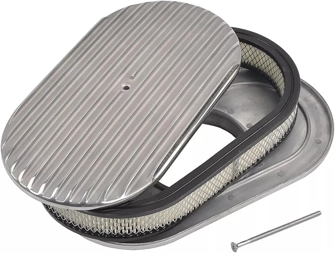BestParts 15" Oval Full Finned Air Cleaner Aluminum Air Cleaner Assembly Compatible With Classic Chevy Ford Hot Rod Rat Rod Muscle Car or Custom Car Fits 5 1/8" Carburetors