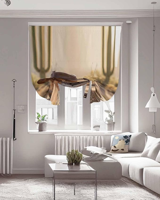 Tie Up Curtains for Windows, Cowboy Western Adjustable Balloon Nature Linen Textured Kitchen Curtain, Cowboy Hats Boots Desert Cacti Vintage Thermal Insulated Curtains for Window, 42" x 54"