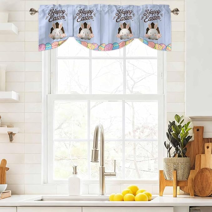 Blue Easter Tie Up Valance Curtains for Windows, Kitchen Curtains Window Shades, Spring Cartoon Bunny Colorful Eggs Wood Grain Light Filtering Roman Curtain Valances for Bedroom/Bathroom/Cafe 42"x12"