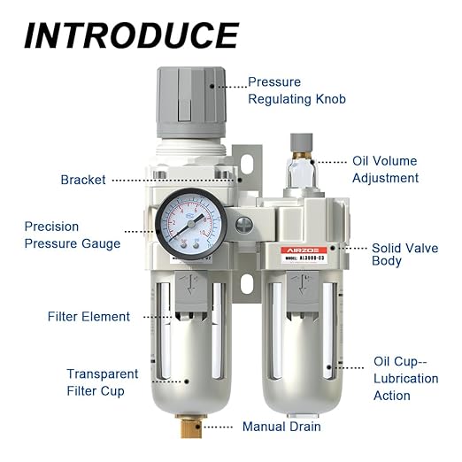 3/8" NPT Compressed Air Filter Regulator Lubricator Combo, Air Compressor Water Separator AC2010-02,5 Micron Brass Element Semi-Auto Drain,0-145 psi Gauge