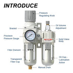 3/8" NPT Compressed Air Filter Regulator Lubricator Combo, Air Compressor Water Separator AC2010-02,5 Micron Brass Element Semi-Auto Drain,0-145 psi Gauge