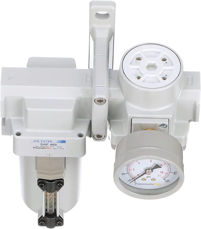 PneumaticPlus SAU420-N04G-MEP Compressed Air Filter Regulator Combo 1/2" NPT - Metal Bowl, Manual Drain, Bracket, Gauge