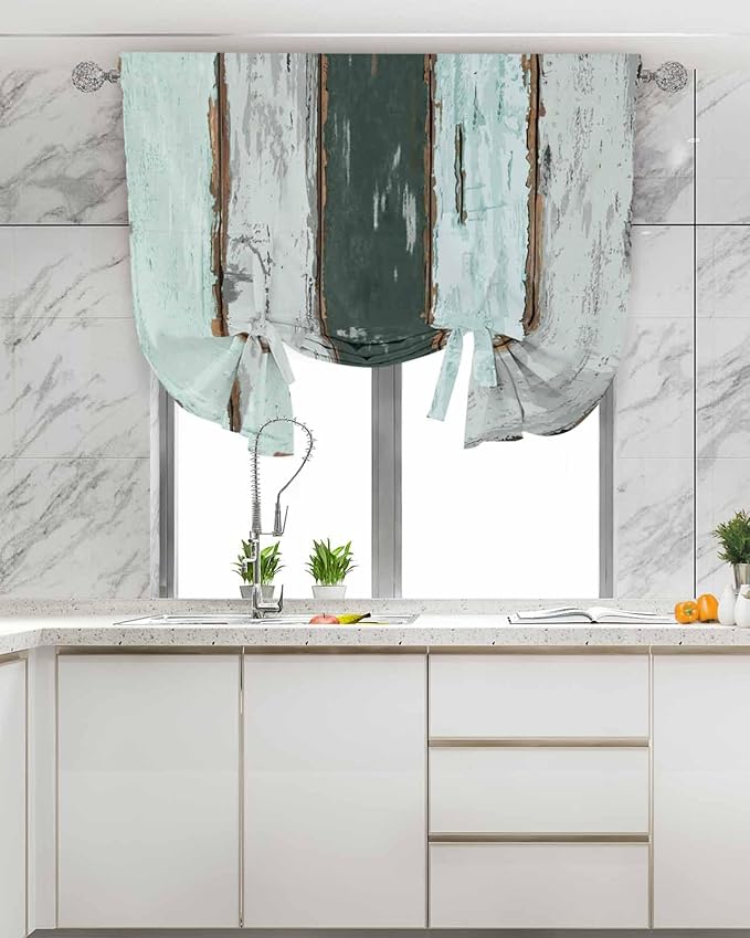 Tie Up Curtains for Windows, Blue Teal Adjustable Balloon Nature Linen Textured Kitchen Curtain, Vintage Wooden Retro Art Farmhouse Barns Privacy Curtains Balloon Blind for Cafe, 42 x 63 Inches