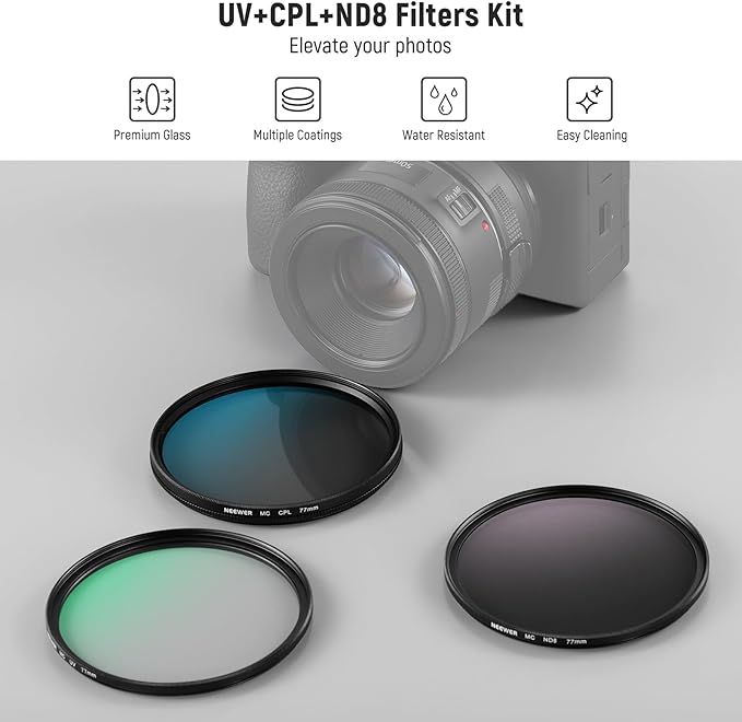 NEEWER 77mm UV/CPL/ND Lens Filter Kit, UV Protection + Circular Polarizing + Neutral Density (ND8) Camera Lens Filter Set with Multicoated Optical Glass, Slim Frame & Upgraded Foldable Storage Case
