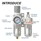 AIRZOE 1/2" NPT Compressed Air Filter Regulator Lubricator Combo, Air Compressor Water Separator AC4010-04,5 Micron Brass Element Semi-Auto Drain,0-145 psi Gauge