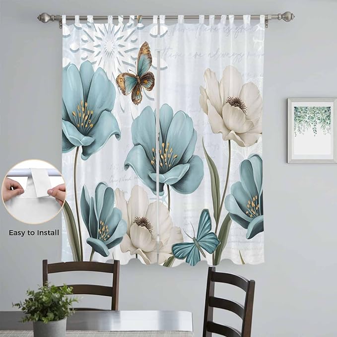 Blue Tulips Living Room Curtains 84 Inch Length, Window Curtains Tab Top, Watercolor Flowers Butterfly Spring Farmhouse Blue Light Filtering Window Treatments Drapes 52"x84" 2 Panel