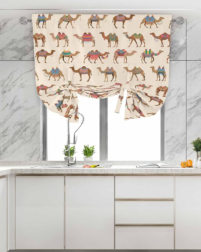 Tie Up Curtains for Windows, Summer Camels Adjustable Balloon Nature Linen Textured Kitchen Curtain, Farmhouse Retro Cartoon Desert Animals Tie Up Light Filtering Curtains for Decor, 34 x 45 In