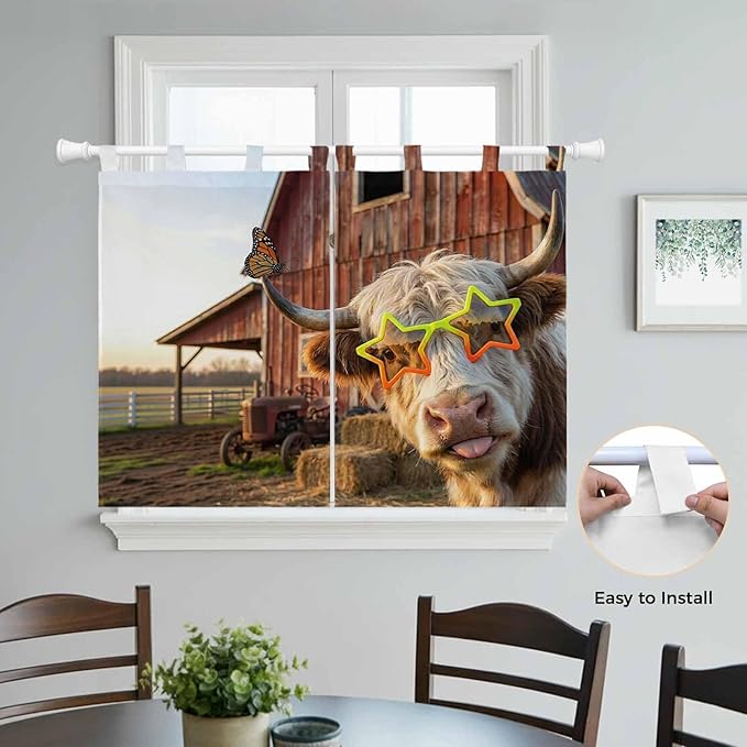Farm Yaks Kitchen Curtains 45 Inch Length, Short Cafe Window Curtains Tab Top, Farmhouse Barn Funny Animals Butterfly Light Filtering Window Treatments Tier Drapes 27.5"x45" 2 Panel