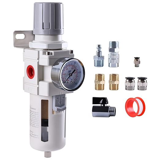 1/2 Inch NPT Air Filter Regulator Combo Piggyback, Air Compressor Water Separator, Air Line Dryer, Semi-Auto Drain, Air Pressure Regulator AW4000-04, 0-150 PSI Gauge
