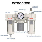 AIRZOE 3/4” NPT Air Compressor Filter, Regulator and Lubricator Combos FRL - Water Oil Trap Separator AC4000-06, 5 Micron Brass Element, Semi-auto Drain, 0-150 psi Gauge