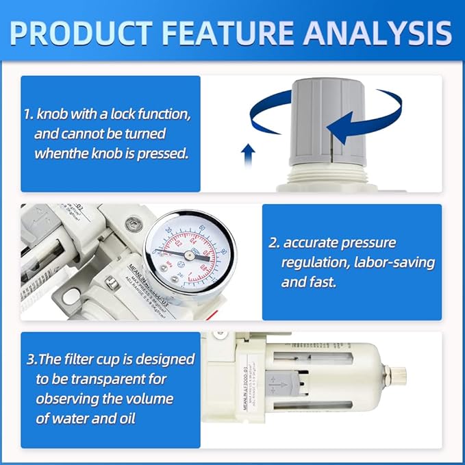 MEANLIN 3/8" NPT 3 in 1 Air Drying System Particulate Air Filter, Air Pressure Regulator Combo, with 150 PSI Gauge and Valve Shut Off Switch for Air Compressor and Pneumatic Tools