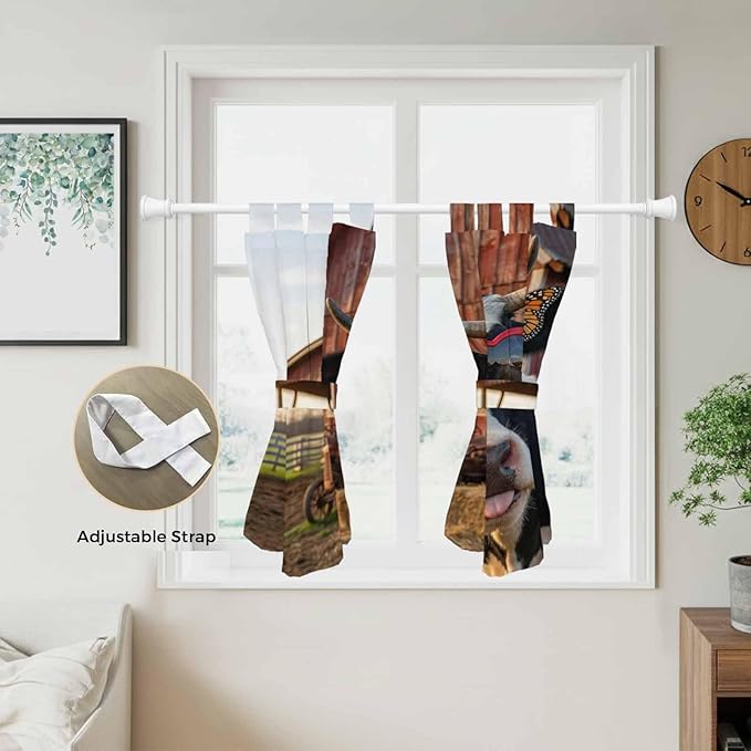 Farm Cows Kitchen Curtains 45 Inch Length, Short Cafe Window Curtains Tab Top, Farmhouse Barn Funny Animals Butterfly Light Filtering Window Treatments Tier Drapes 27.5"x45" 2 Panel