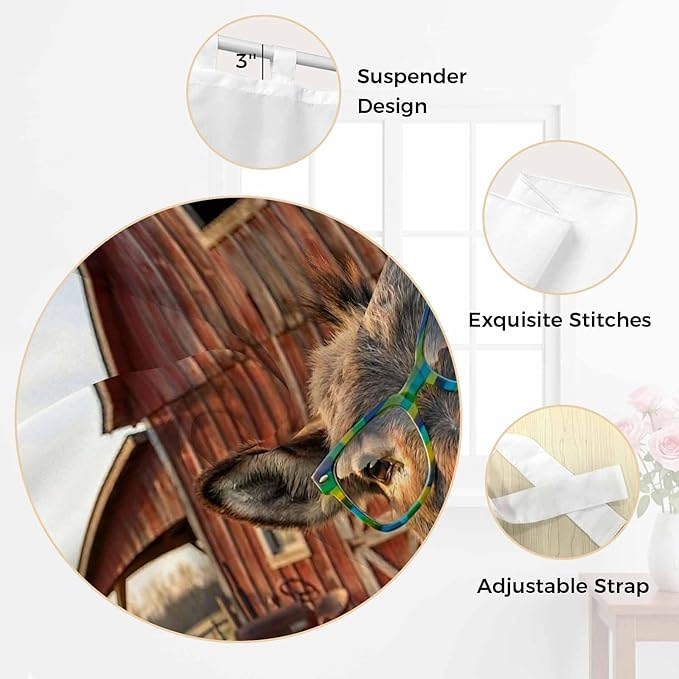 Farm Donkeys Kitchen Curtains 24 Inch Length, Small Window Curtains Tab Top, Farmhouse Barn Funny Animals Butterfly Light Filtering Short Window Treatments Tier Drapes 27.5"x24" 2 Panel