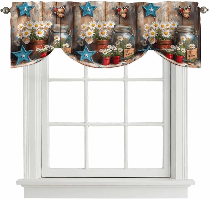 Country Flower Tie Up Valance for Window, Western Texas Star Butterfly Barn Door Adjustable Balloon Window Shade Valance Curtain for Kitchen Cafe Bathroom Window Treatment Panel 42''x18''