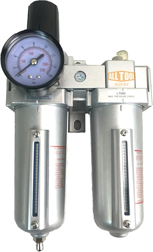 3/4" NPT HEAVY DUTY Compressed Air In Line Filter Regulator Lubricator Oiler Combo Piggyback, Metal Bowl, 5 Micron Element, Adjustable From 7 to 215 PSI (MANUAL DRAIN)